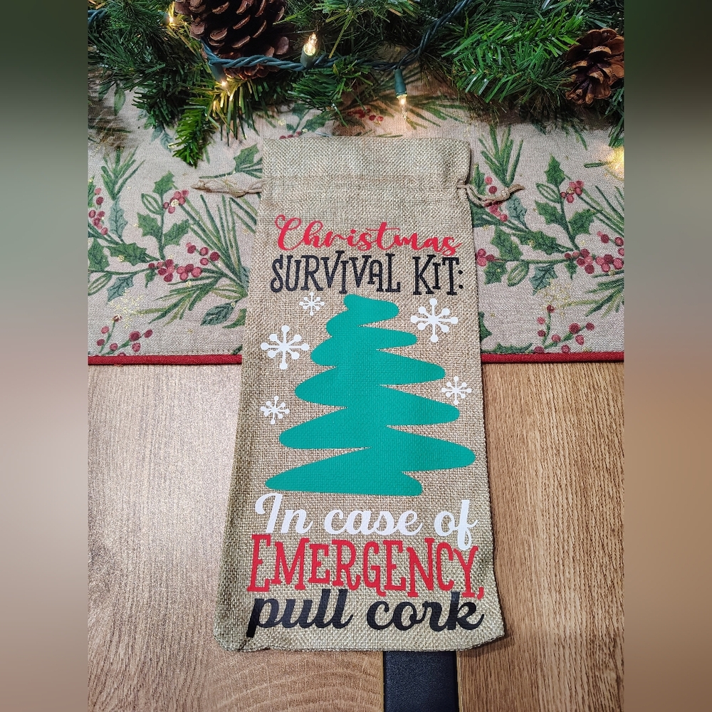 Handmade Canvas Wine Bottle Bag "Christmas Survival Kit"